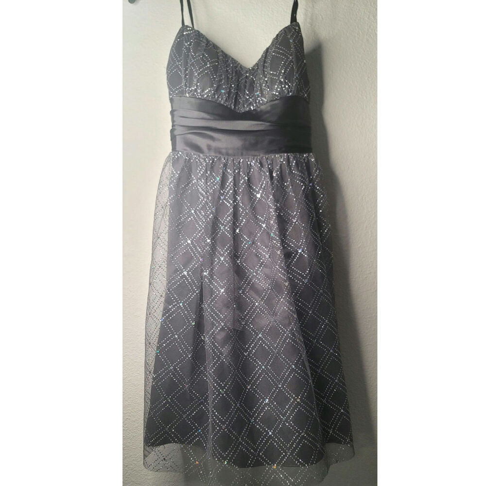 Grey Formal Prom or Party Mini Dress Metallic Plaid Tulle Tie Waist Bow Sz 1 -2